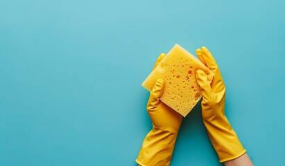 Yellow gloves holding sponge on blue background