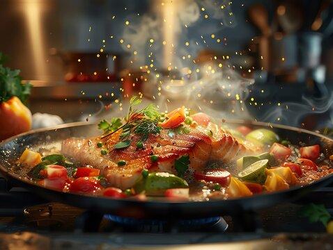 Imagine a digital masterpiece where a chefs hands work magic in a virtual kitchen Utilize unexpected camera angles to showcase the sizzle of a pan or the artistry of plating with photorealistic precis