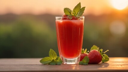 Refreshing strawberry  juice in glass with mint leaves on blurred background for text space