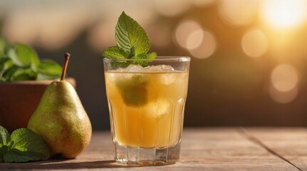 Fototapeta premium Refreshing pear juice in glass with mint leaves on blurred background for text space