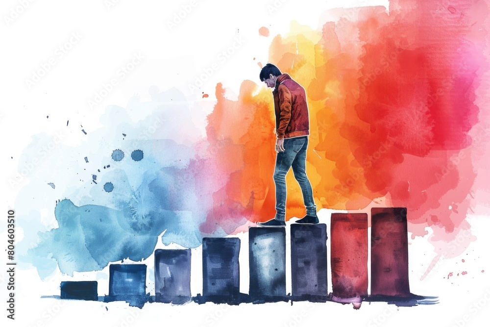 Poster a man standing on top of a bar chart. ideal for business and success concepts