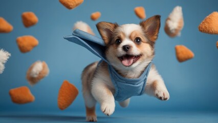 Playful puppy attire flying on blue background, creating a fun and charming scene