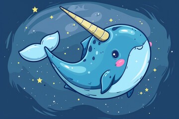 Cute cartoon narwhal with a magical unicorn horn, perfect for children's illustrations - obrazy, fototapety, plakaty