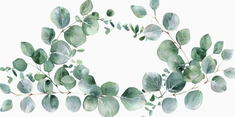 A beautiful watercolor painting of a wreath made of eucalyptus leaves. Perfect for botanical themed designs