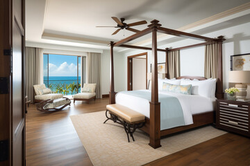 A luxurious master suite with a king-sized bed, silk bedding, and a private balcony overlooking the ocean, providing a serene escape from the world.