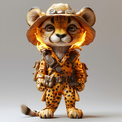 A 3D animated cartoon render of a protective cheetah shielding tourists from a wildfire.