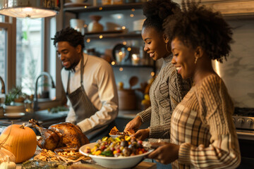 Diverse group of happy young adult friends cooking dinner together for festive celebration in the fall season, Friendsgiving concept, Generative AI