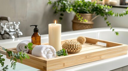 A wooden bath tray featuring a candle, air freshener, and bathroom amenities is placed on the tub indoors.