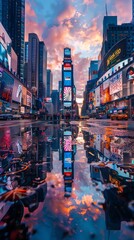 Capture a breathtaking wide-angle view of a bustling metropolis with vibrant World News headlines as the backdrop, blending wildlife photography seamlessly as unexpected angles reveal the citys harmon