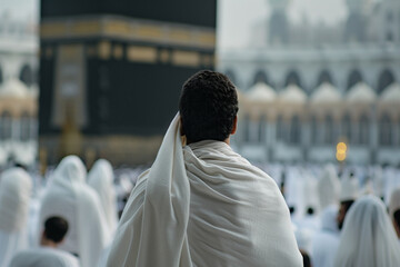 A muslim standing in front Kaaba doing hajj