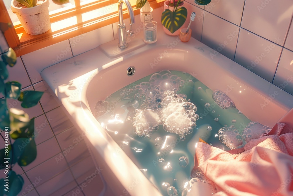 Poster bath tub filled with bubbles next to a window. suitable for bathroom and relaxation concepts