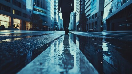 A person walking down a wet city street, suitable for urban themes - Powered by Adobe
