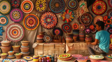 Fototapeta premium A man is seated in front of a variety of baskets on display, examining them closely.