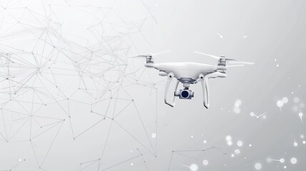 Abstract representation of a drone with an action video camera, depicted with connecting dots and lines against a gray background, portraying a polygonal low poly structure.