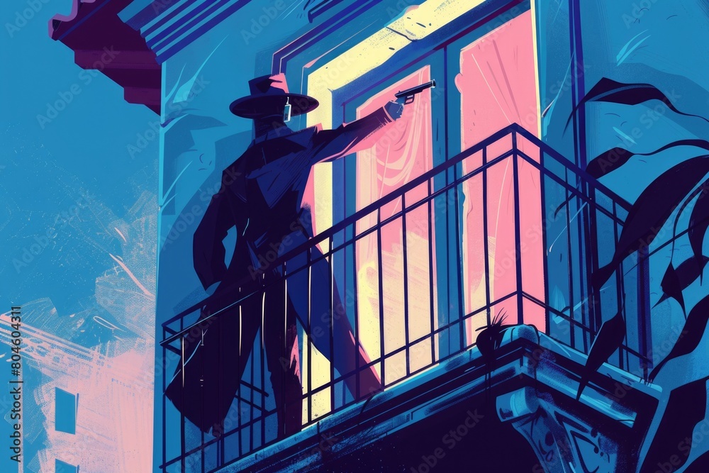 Aufkleber a man standing on a balcony holding a gun. suitable for crime or security concepts