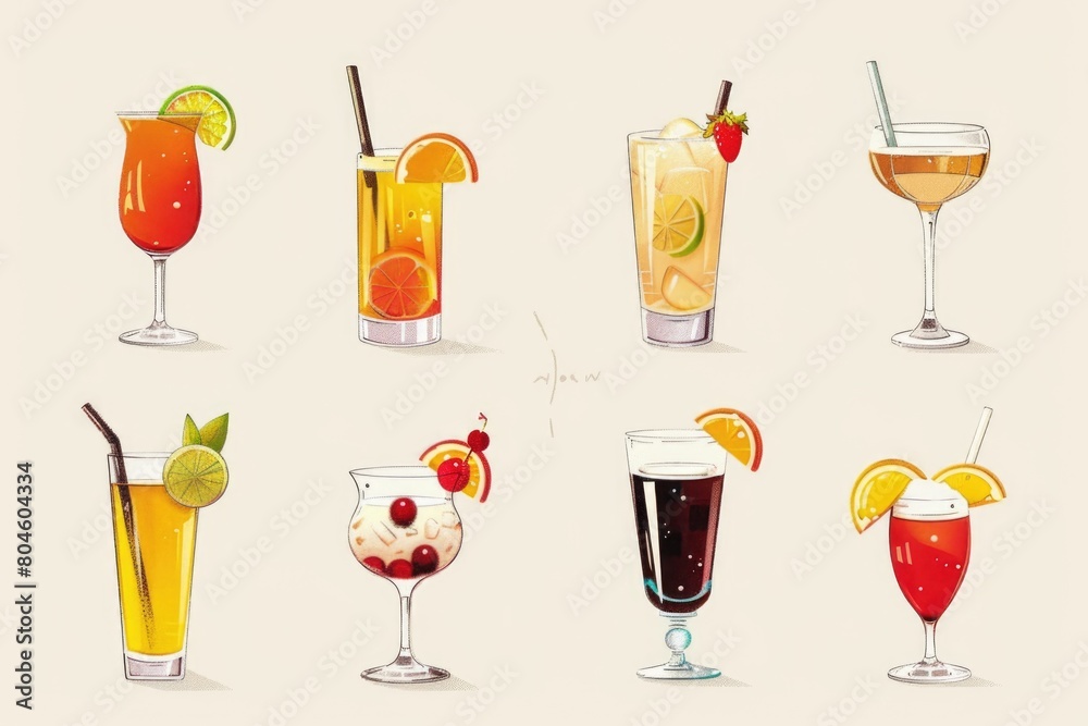 Poster A collection of different types of cocktail drinks. Perfect for bar menus and party invitations
