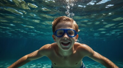 Fototapeta premium Under water close up of Cheerful boy joyfully diving underwater for a delightful swimming experience, sunny day
