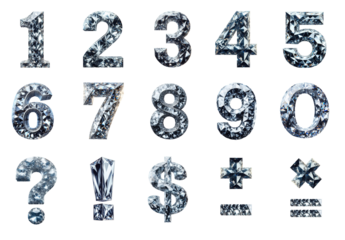 Unique diamond numbers (numerals) from 0 to 9. Numbers, exclamation mark, interrogation mark, question mark, dollar sign + math symbols and characters. Transparent background PNG cutout