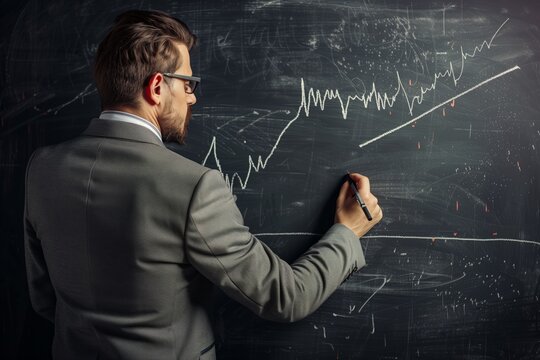 Man analysing growth trends on a blackboard