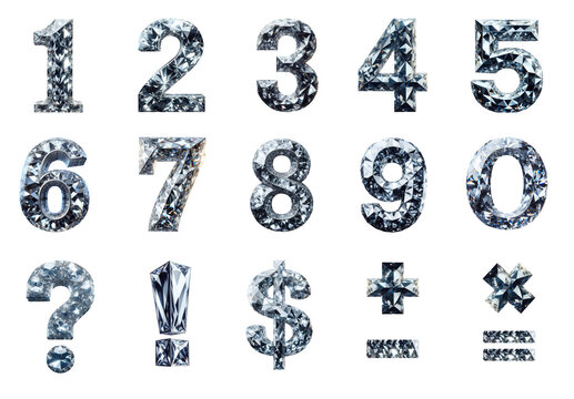 Unique diamond numbers (numerals) from 0 to 9. Numbers, exclamation mark, interrogation mark, question mark, dollar sign + math symbols and characters. Transparent background PNG cutout