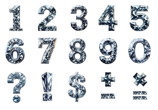 Unique diamond numbers (numerals) from 0 to 9. Numbers, exclamation mark, interrogation mark, question mark, dollar sign + math symbols and characters. Transparent background PNG cutout