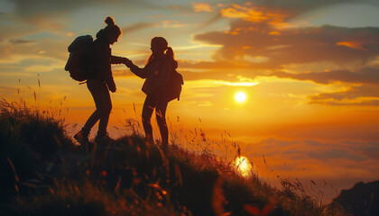 Recreation of a hiker girl helping another girl to reach the hill at sunset	