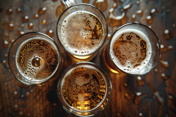 Pouring beer. Pouring beer. glasses with beer stand on a wooden table. View from above. top veiw. Closeup