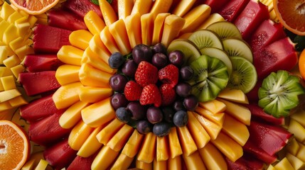 An elegant platter of exotic fruits arranged to resemble a vibrant bouquet of colors and shapes.