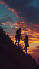 Obraz premium Vertical recreation of a young woman helping another woman to reach the top of a hill at sunset