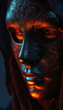 Vertical tenebrist recreation of woman with venetian carnival mask	