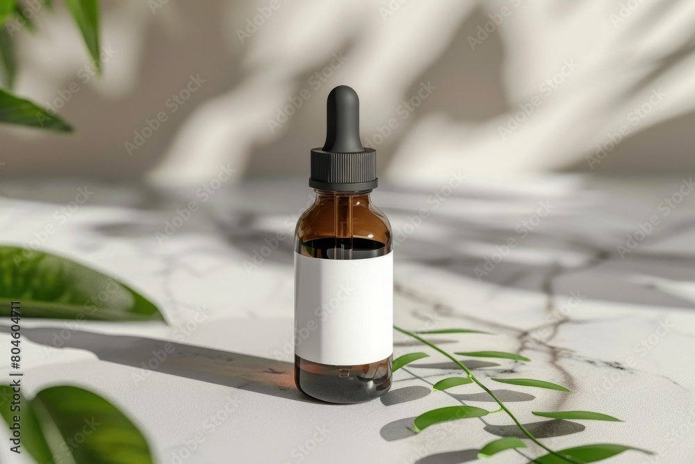 Poster a bottle of essential oil resting on a table, suitable for aromatherapy concepts
