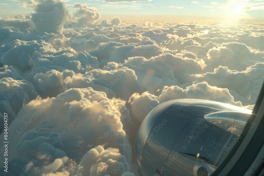 Poster a scenic view of clouds from an airplane window. perfect for travel and aviation concepts