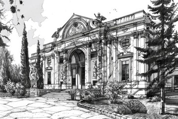 Detailed black and white drawing of a building. Ideal for architectural projects