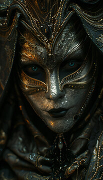 Vertical tenebrist recreation of woman eyes behind a venetian carnival mask