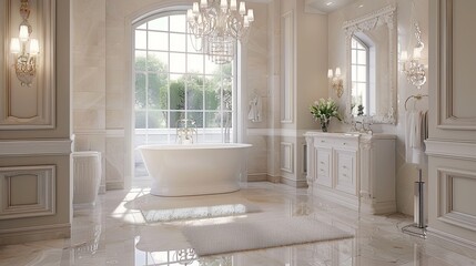 Fototapeta na wymiar An elegantly bright bathroom interior is presented within a luxurious house.