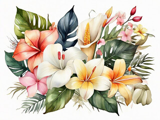 digital watercolor botanical illustration wild tropical flowers bouquet isolated on white background Paradise garden collage Palm leaf monstera calla lily plumeria hydrangea Floral arrangement