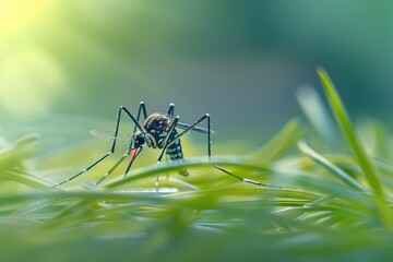 Close-up of a mosquito on green grass. Perfect for nature and wildlife themes - Powered by Adobe