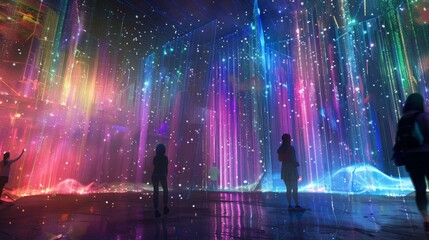 Diverse group of individuals standing in front of a vibrant and colorful wall, looking towards the camera.