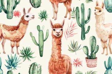 Naklejka premium A cute pattern featuring llamas and cacti, perfect for various design projects