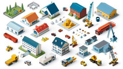 An industrial set of 3D isometric projections includes dimensional houses, buildings, cranes, cars, and other design elements necessary for creative designers.