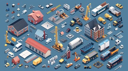 An industrial set of 3D isometric projections includes dimensional houses, buildings, cranes, cars, and other design elements necessary for creative designers.