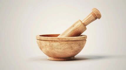 Wooden mortar and pestle in a bowl, useful for cooking recipes - obrazy, fototapety, plakaty