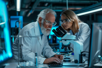 A senior male scientist with white hair and beard and a young female scientist, both wearing lab coats and safety goggles, working together in a high-tech laboratory environment, analyzing data