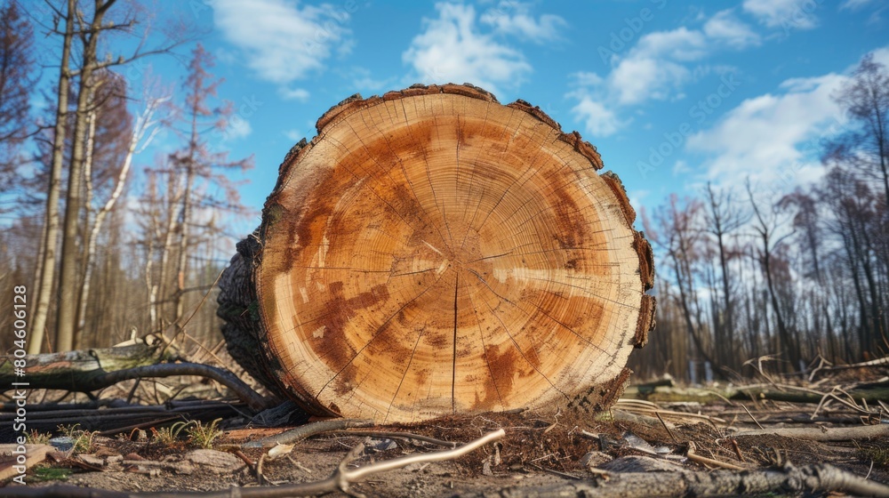 Poster a tree stump standing alone in a dense forest. suitable for nature or environmental themes
