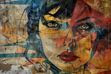 A realistic painting of a woman's face on a wall. Suitable for interior decoration