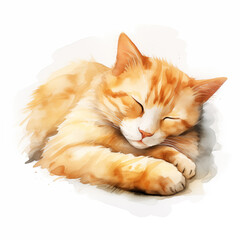 Fototapeta premium A watercolor sleeping cat white background