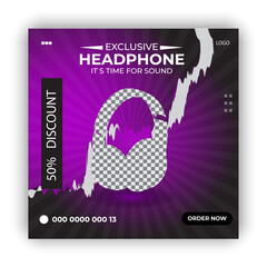 Headphone social media post and realistic Music colorful banner design template