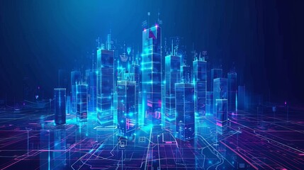 Fototapeta premium Smart Digital City Concept. Urban Architecture High Towers Concept of the Future City. Virtual Reality Abstract Digital Buildings. Modern Technology Vector Illustration