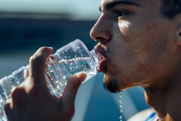 Closeup of male Latino athlete drinking water after sport track competition in stadium gy gym coaching endurance fitness hydration exercise and female runner.