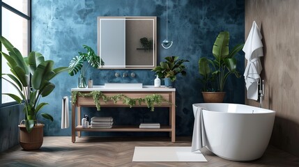 Featuring a modern minimalist design, this bathroom interior showcases a cabinet, sink, vanity, plants, accessories, bathtub, shower, and white and blue walls with a concrete floor.